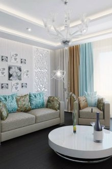 Тюркоазени акценти в сиво-бежов интериор