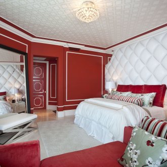 Stylish red and white bedroom